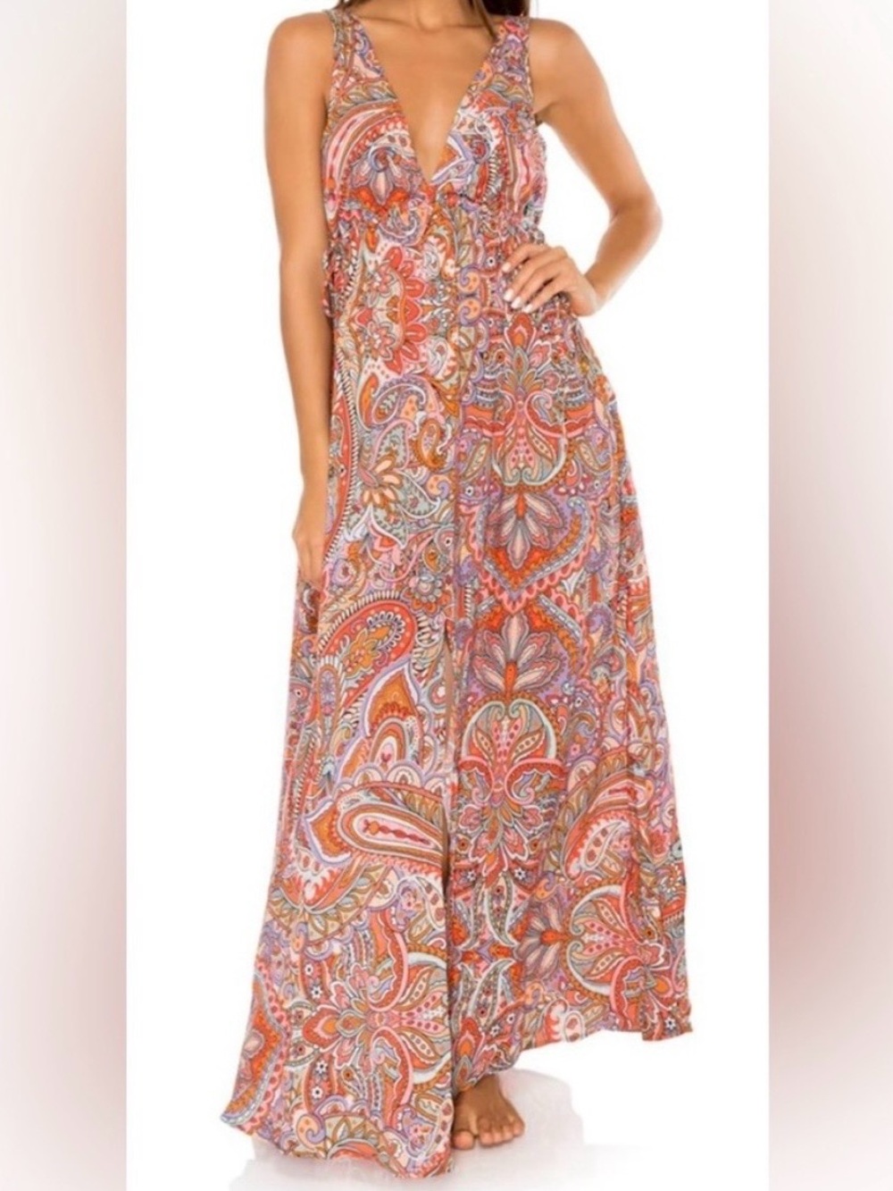 Boho Paisley V-Neck Smocked Maxi Dress Pink Orange Plus Size 3XL